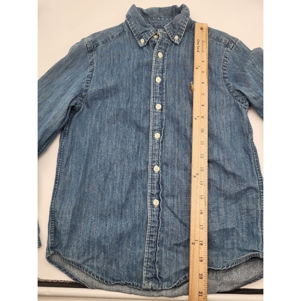 POLO RALPH LAUREN Boy's S (8) Blue Chambray Button Down Shirt Flesh Pony Preppy - Picture 3 of 5